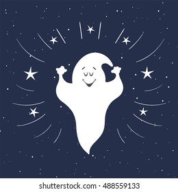 Funny ghost flying in the night sky. Halloween card. Hand Drawn design element. 