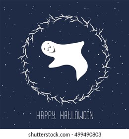 Funny ghost flying in the night sky. Halloween card template. 