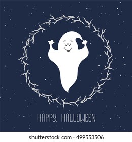 Funny ghost flying in the night sky. Halloween card template. 