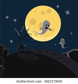 Funny ghost flying vector illustration. Halloween concept design background