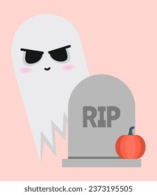 Fantasma divertida, cementerio y calabaza en fondo rosa