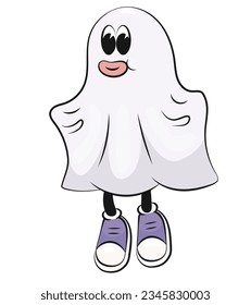 Funny ghost. Groovy character, cartoon. Halloween ghost. Event. Groovy style flying ghost