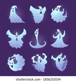 Funny ghost. Halloween scary characters little spooky ghosts vector illustrations