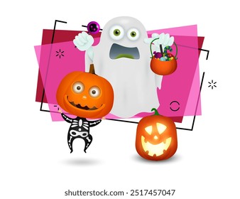 Funny ghost holding lollipop and cauldron with sweets. Boy in skeleton costume and pumpkin lantern nearby. Halloween concept. Vector illustration for invitations, posters or banners