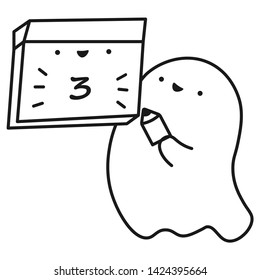 Funny ghost keeps calendar with the date of the month. Outline drawing. Vector illustration