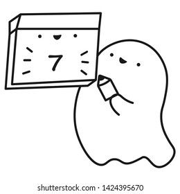 Funny ghost keeps calendar with the date of the month. Outline drawing. Vector illustration