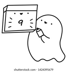 Funny ghost keeps calendar with the date of the month. Outline drawing. Vector illustration