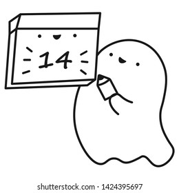 Funny ghost keeps calendar with the date of the month. Outline drawing. Vector illustration