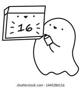 Funny ghost keeps calendar with the date of the month. Outline drawing. Vector illustration