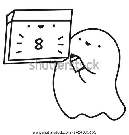 Funny ghost keeps calendar with the date of the month. Outline drawing. Vector illustration