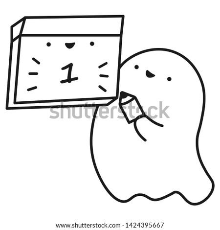 Funny ghost keeps calendar with the date of the month. Outline drawing. Vector illustration