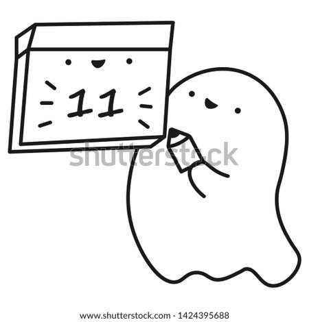 Funny ghost keeps calendar with the date of the month. Outline drawing. Vector illustration