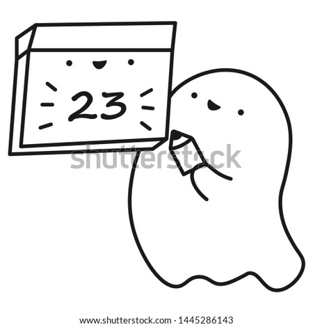 Funny ghost keeps calendar with the date of the month. Outline drawing. Vector illustration