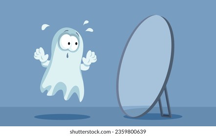 
Funny Ghost Blick in den Spiegel sah Niemand Halloween Illustration. Untoter Geist versucht seine Reflexion im Spiegel zu sehen
