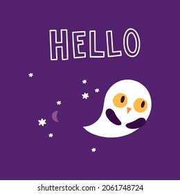 Funny Ghost with moon, stars and text - hello isolated on dark background. Vector illustration in cartoon style. Holiday kids print for nursery, baby clothes, poster or postcards