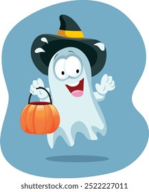 
Fantasma divertido en truco o trato ilustración de dibujos animados de Vector. Espíritu fantasmal que celebra Halloween tradicional 
