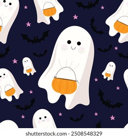 Funny ghost with pumpkin - basket for candies pattern on dark blue isolated background. Cute night creatures in halloween cartoon style. For kids halloween decor, prints, wallpapers.