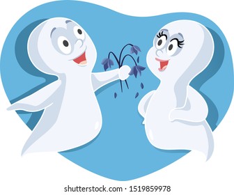 Funny Ghost Receiving Dried Flowers from Boyfriend. Couple forever united in love even after death