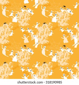 Funny ghost seamless pattern with spiders and spiderweb. Halloween seamless pattern on orange background