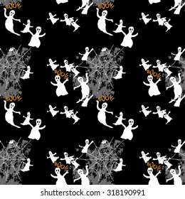 Funny ghost seamless pattern with spiders and spiderweb. Halloween seamless pattern on black background