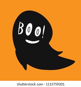 Funny ghost with smiling face and text Boo! Halloween card, poster, print, sticker. Isolated vector Illustration.