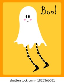 Funny ghost with text Boo!. Vector illustration for poster, flyer, card, print and invitation.