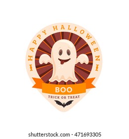 Funny ghost and text. Halloween party badge design. Eps 10 vector illustration