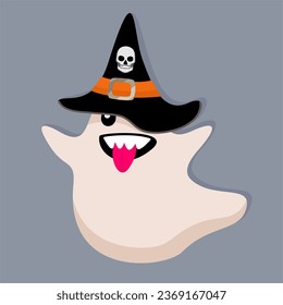 Funny ghost with tongue hanging out in Halloween hat. Vector isolated illustration.