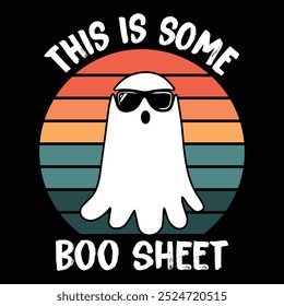 Ein lustiger Geist, der eine Brille mit dem Wortspiel "This Is Some Boo Sheet" in einem verspielten T-Shirt-Design zum Thema Halloween trägt.  