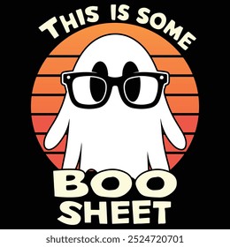 Ein lustiger Geist, der eine Brille mit dem Wortspiel "This Is Some Boo Sheet" in einem verspielten T-Shirt-Design zum Thema Halloween trägt.  