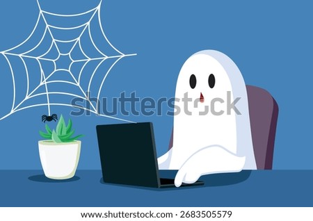 
Funny Ghost Working in The Office Overtime Vector Cartoon. Stressed corporate worker doing his job even after passing away