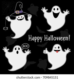 Funny ghosts in cartoon style with different emotions on a black background. Halloween.