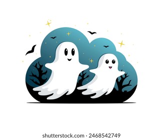 Funny ghosts in the dark forest. Starlight Night. Baby creepy boo characters for kids. Mystery monsters Halloween scary and friendly characters. Vector illustration