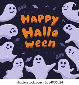 Funny ghosts with different emotions. Happy Halloween inscription on a dark blue background. Vector template for invitations, postcards, banners.