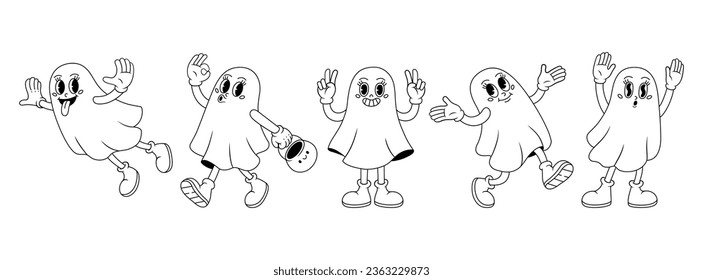 Funny ghosts in different poses. Groovy funky vector illustration in retro style.