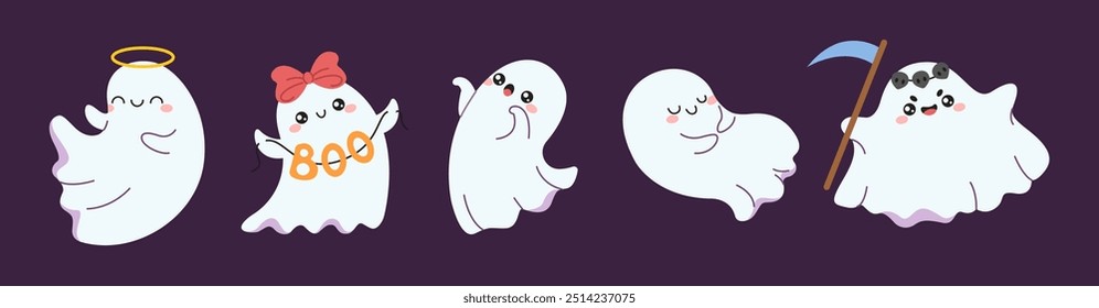 Funny ghosts Halloween party flat color vector characters set. Spooky cute phantoms at holiday party illustration pack on purple background