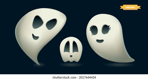 Funny ghosts, Happy Halloween holiday 3d vector cartoon icon on dark background.