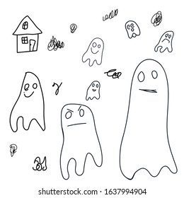 Funny ghosts icons set in doodle style. Vector illustration. Perfect for kids room decor