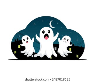 Funny ghosts in the night city. Starlight Night. Baby creepy boo characters for kids. Mystery monsters Halloween scary and friendly characters. Vector illustration