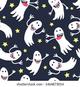 Funny ghosts on a starry blue background. For Halloween. Vector image for textiles, fabric, background, wrapping paper,postcards.