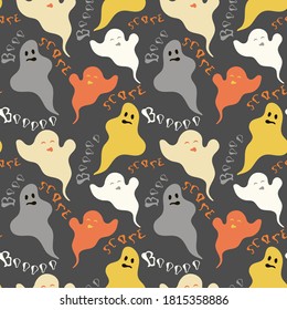 Funny ghosts seamless pattern with lettering. Nice vector illustration on dark background in halloween mood for fabric, textile, wallpaper, wrapping paper,  background. Autumn palette. Eps 10
