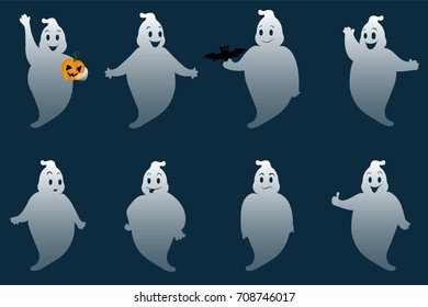 Funny ghosts. Set of cartoon ghosts with different poses and emotions. Happy Halloween. Vector.