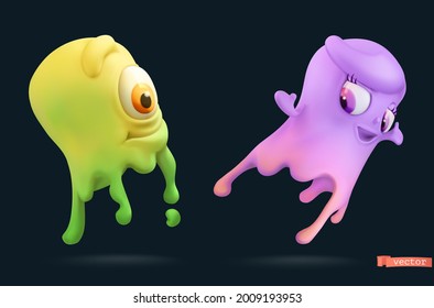 Funny ghosts, slime monsters. Halloween holiday 3d vector cartoon icon