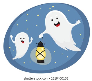 Funny ghosts. Funny vector illustration, Halloween card.	