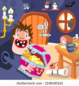 Funny giant with chest and gold. Character of children fairy tale. Cartoon man in room. Picture for puzzle, design book, game. Vector full color illustration.