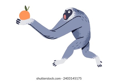 Funny gibbon carrying orange. Emotional monkey with fruit in hand. Shocked primate running with open mouth. Surprised lesser ape. Jungle animal. Exotic fauna flat isolated vector illustration on white