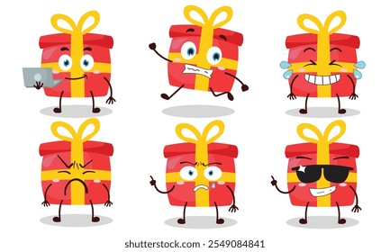 funny gift box character with many pose activity design illustration