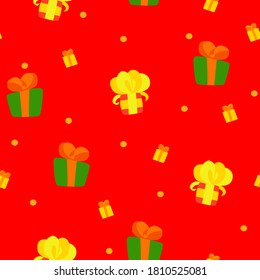 Funny gift boxes in bright colors. Colorful presents in modern flat cartoon style for your holiday design. Vector pattern on red background.