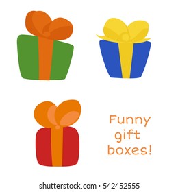 Funny gift boxes in bright colors.  Colorful presents in flat cartoon style for your holiday design. Isolated on white background.