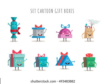 Funny gift boxes characters cartoon with bows and ribbons vector big set isolated. Christmas, new year, holiday, birthday gift box set. Packaging with various paper decor